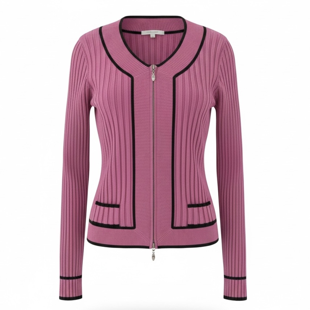 Cache Pink Ribbed Cardigan with Black Trim